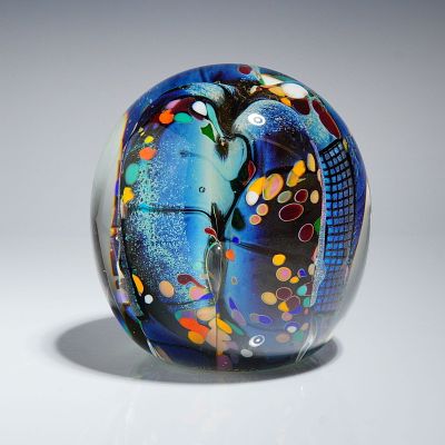 Jim Karg Studio Art Glass Sculpture, Cosmic Multicolor Ovoid Form Signed. A Jim Karg 