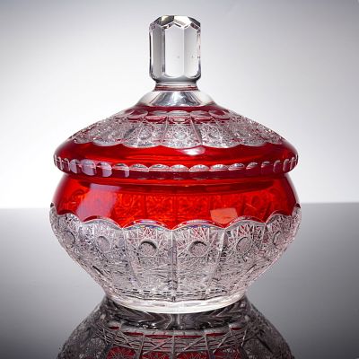 Indiana Glass Diamond Point Cranberry Cased Lidded Candy Dish Compote. A single crystal lidded 