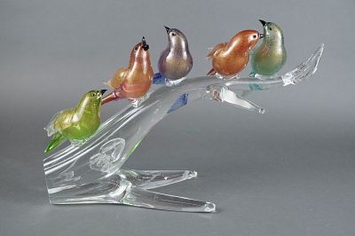 Formia Murano Art Glass Sculpture of Five Birds on a Branch. A modern Italian Murano Art Glass 