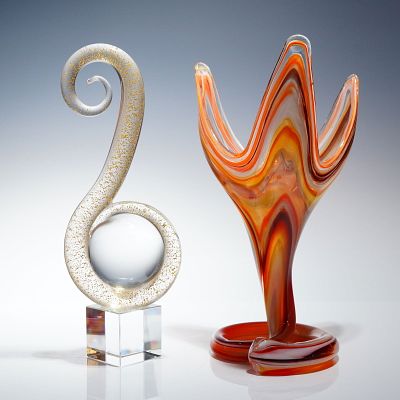 2 Mid-Century Modern Handblown Murano Style Art Glass Sculpture & Vessel. Two handblown art 