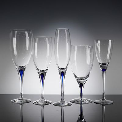 A Collection of Five Orrefors Intermezzo Blue Crystal Stemware Glasses. A collection of five 