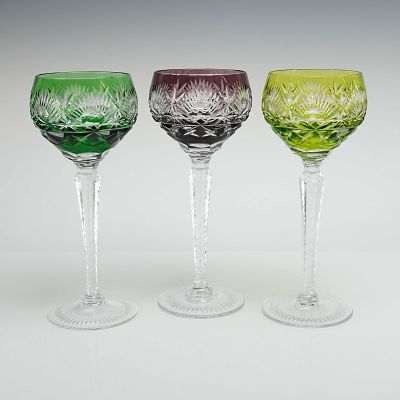 Three Piece Set of Bohemian Cut to Clear Crystal Wine Glasses. A trio of three piece Bohemian 