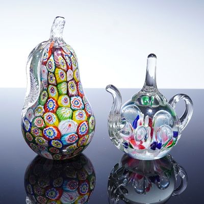 2pc Millefiori Art Glass Pear and Teapot Paperweights. A two-piece collection of decorative Art 