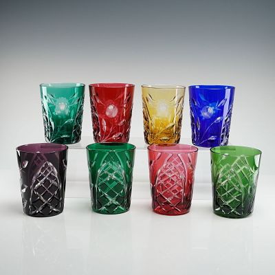 Set of Eight Bohemian Flash-Cut Crystal Colored Tumblers. A collection of eight (8) heavy 
