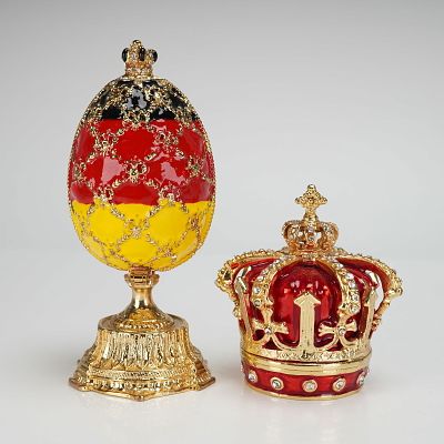 2pc QIFU Faberge Egg Style and Red Crown Enameled Boxes. Two modern decorative items from maker 