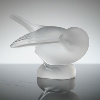 Lalique Crystal Sparrow Head in Wing Figurine. Depicting a bird with its head tucked in a 