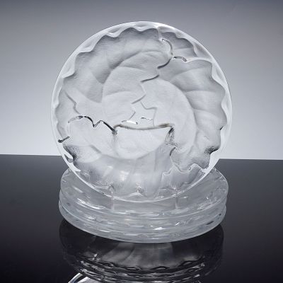 4pc Lalique Crystal Chene Oak Leaf Plates. A collection of four circular molded glass dessert or 
