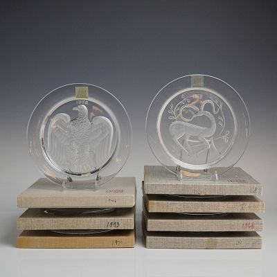 7pc Lalique Crystal Annual Collector Plates. A collection of late 20th-century annual collector 