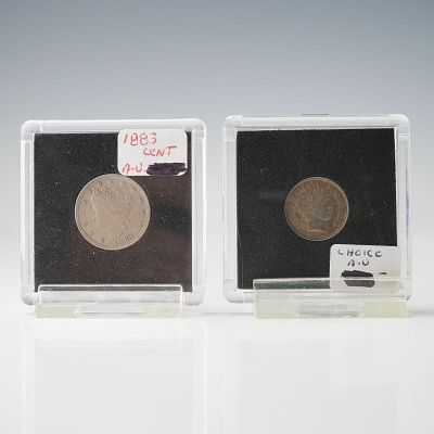 2pc 1883 United States Liberty Nickel and 1892 Barber Dime Coins. Includes an 1892 Barber dime 