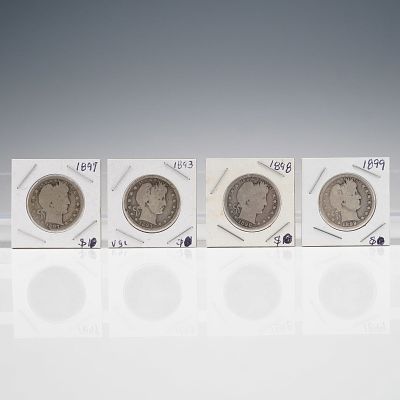 4pc 1893-1899 Barber Quarter Dollars. Four United States Barber quarter dollars dated 1893, 1897 