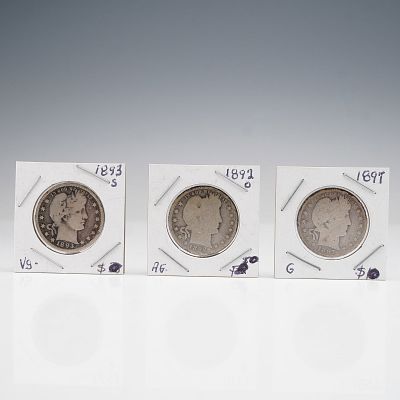 3pc 1892-O, 1893-S, & 1897 Barber Quarter Dollars. Three United States Barber quarter dollars 