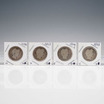 4pc 1892-1895 Barber Quarter Dollars. Four United States Barber quarter dollars dated 1892, 1893 