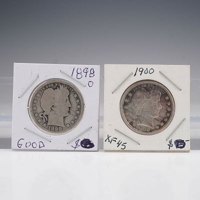 2pc 1898-O & 1900 Barber Silver Quarters. Two classic Barber silver quarters showcasing the 