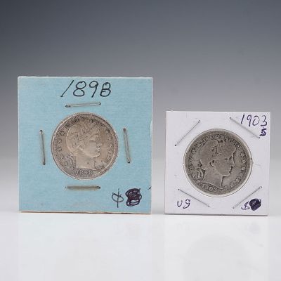 2pc 1898 & 1903-S Barber Silver Quarters. A two-piece lot of Barber silver quarters from the 