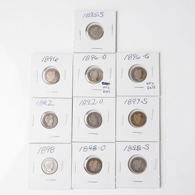 10pc 1985-1898 Barber Dime Silver Coins. A group of ten Barber silver dimes spanning the years 