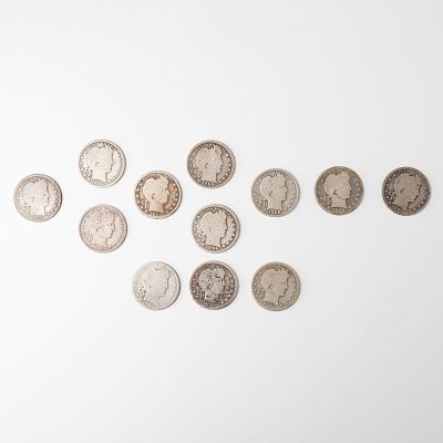 12pc 1892 to 1913-D Barber Quarter Coins. Each coin is a United States Barber quarter composed 