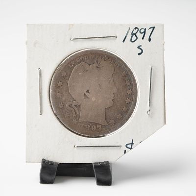 1897-S Barber Quarter Dollar Coin. Struck from .900 fine silver and bears the "S" mintmark 