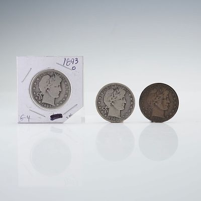 3pc 1893-O, 1909, & 1913-S Barber Half Dollar Coins. Each struck in .900 fine silver. The 