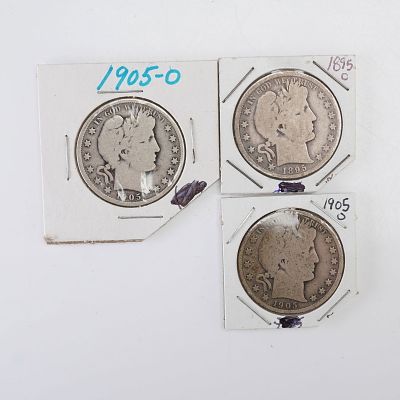 3pc 1895-O & 1905-O Barber Half Dollar Coins. Includes one 1895-O and two 1905-O examples 