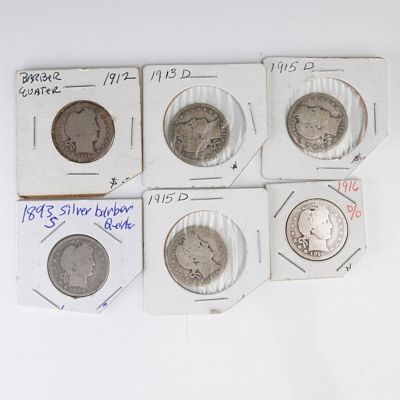 6pc 1893-S, 1912, 1913-D, 1915-D & 1916-D Barber Quarter Dollar Coins. This six-piece assemblage 