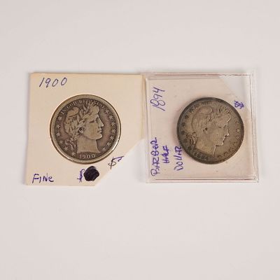 2pc 1894 and 1900 Barber Half Dollar Coins. Composed of .900 silver, each obverse depicts the 