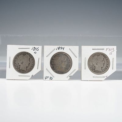 3pc US Barber Quarters, 1894, 1895, and 1913. A lot of three US Quarters dated 1894, 1895, and 