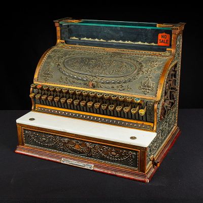 Early 20th Century National Thomas H. Hawkins Brass Casing Cash Register. The casing is 