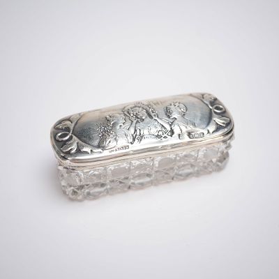 English Engraved Sterling Silver and Cut-Glass Keepsake Box. An oblong keepsake box composed of 