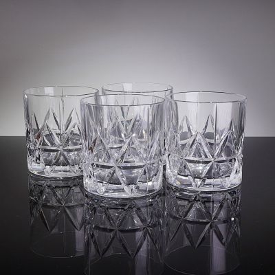 4pc Orrefors Peak Crystal Double Old Fashioned Glasses. A collection of four Orrefors Double Old 