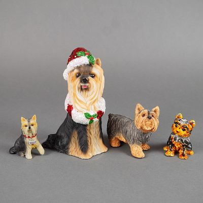 4pc Assorted Yorkshire Terrier Dog Figurines and Jeweled Hinged Box. Comprising four modern 
