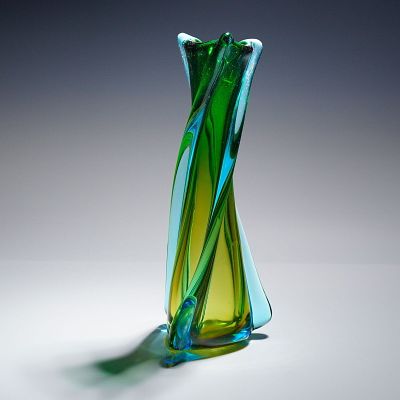 Mid-Century Style Art Glass Twisted Swung Vase, Green and Blue Sommerso. Sculptural art glass 