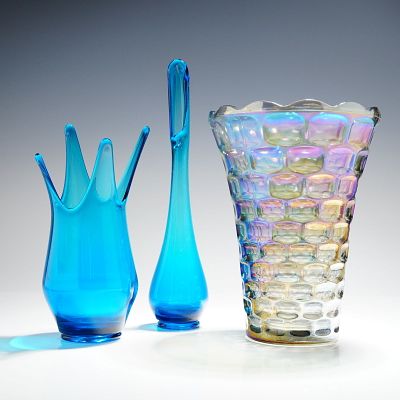 3pc Federal Glass Iridescent Carnival Glass & Bluenique Swung Vases. The lot consists of three 
