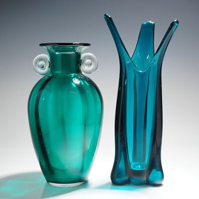 2pc Mid-Century Modern Hand Blown Viking Bluenique Blown Glass Vases. A duo of mid-century 