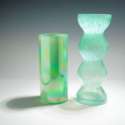 2pc Contemporary Bohemian Crystalex Art Glass Vases. Two hand-blown contemporary art glass vases 