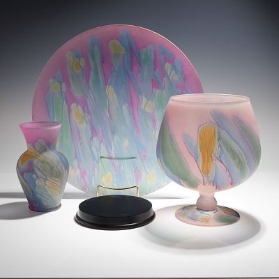 3pc Art Nouveau Glass by Reuven with Base. A collection of three contemporary studio glass art 