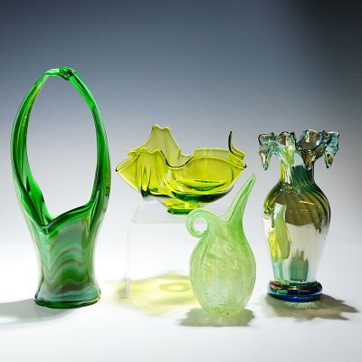 4pc Mid-Century Style Green Art Glass Vessels. A collection of four hand-blown art glass vessels 