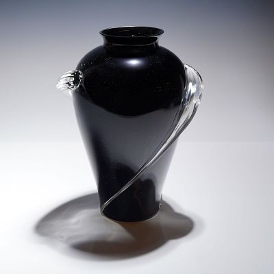 Two's Company Black Amethyst Glass Vase with Applied Clear Trails. Decorative vase of amphora 