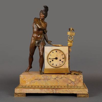 Gerard-Jean Galle Gilt Bronze Roman Warrior Mantel Clock. This large bronze and ormolu on marble 