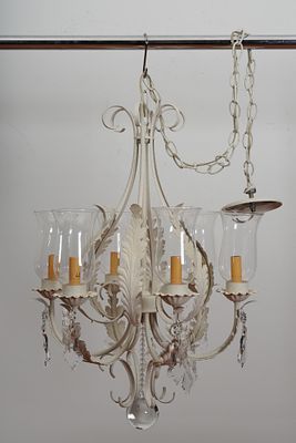 Mid-Century Painted Iron Chandelier with Leaf Scrolls and Crystal Drops. A mid-20th century 