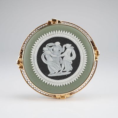 Wedgwood 14K Gold Tri-Color Jasperware Cameo Brooch Pendant, Three Graces. The plaque depicts a 