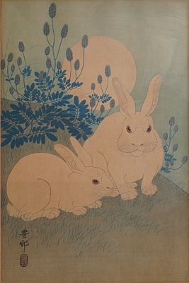 Ohara Koson Shoson Color Woodcut Two Rabbits with Flowering Bush. A Japanese color woodblock 