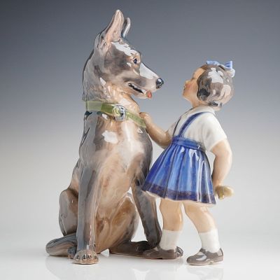 Dahl Jensen Porcelain Figurine Girl with German Shepherd Model 1213. A single composite 