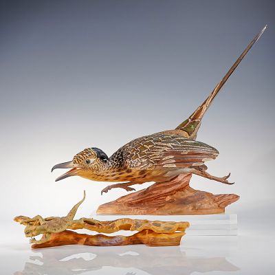2pc Boehm Porcelain Sculptures, Road Runner and Horned Lizard 493. Two Boehm polychrome 