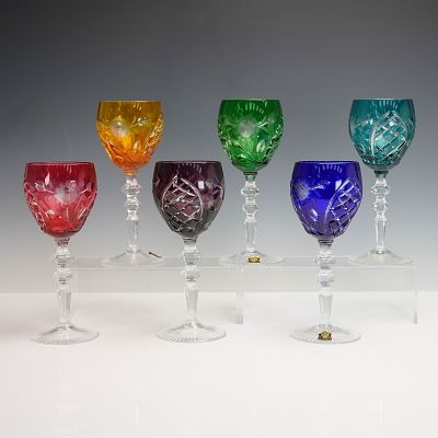 6pc E&R Golden Crown Hand Cut Crystal Wine Goblets. A vibrant 6-piece set of E&amp;R Golden 