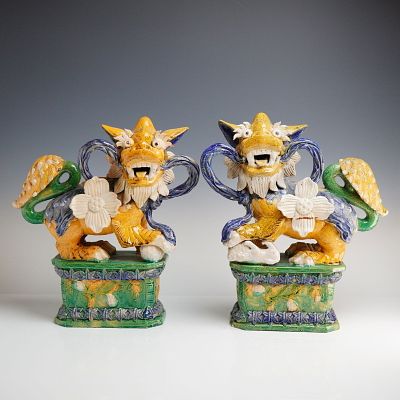 A Pair of Antique Chinese Sancai Glazed Ceramic Guardian Lions (Foo Dogs). A pair of Chinese 