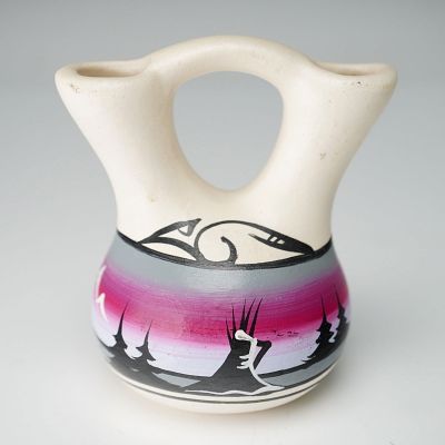 Hand-Painted Native American Wedding Vase. Small hand-painted pottery wedding vase featuring a 