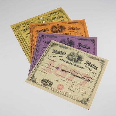 4pc Antique IRS Liquor and Tobacco Tax Stamps. This set of four antique U.S. Internal Revenue 