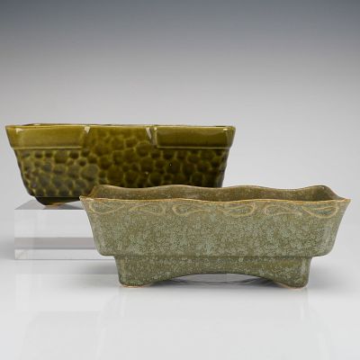 A Pair of Brush McCoy Green Glazed Ceramic Rectangle Planters. A pair of vintage Brush McCoy 