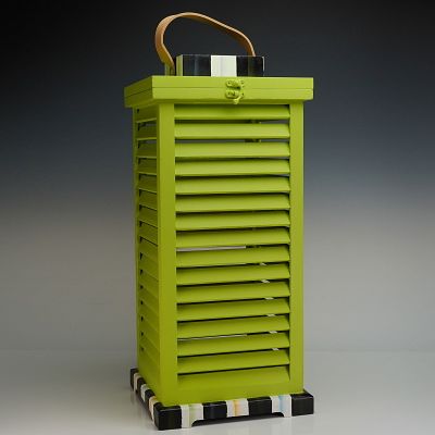 MacKenzie Childs Large Shutter Lantern, Chartreuse. The object is constructed of painted wood or 