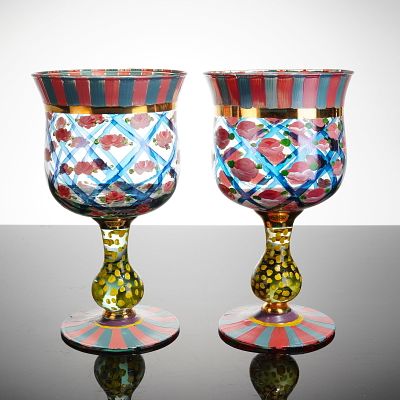 Pair of MacKenzie Childs Circus Rose Arbor Wine Glasses. The hand painted, highly decorative 
